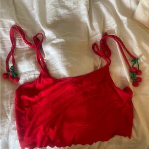 Red Cropped Tank Top, Tie up with Cherry Straps (Size L)